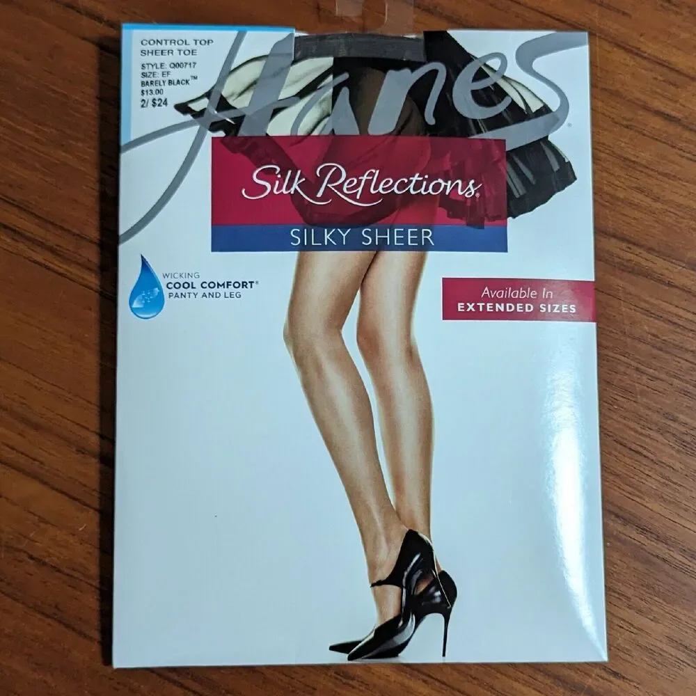 2 NEW HANES SILK REFLECTIONS SILKY SHEER CONTROL TOP BARELY BLACK - SIZE EF